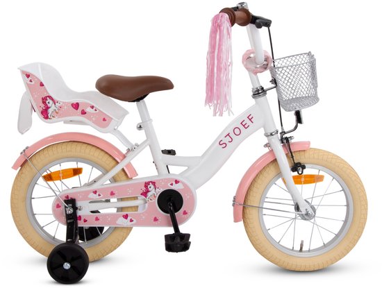 Volledige witte kinderfiets met roze details, unicorn-print, mandje, poppenzitje en zijwieltjes. De tekst 'SJOEF' is roze.