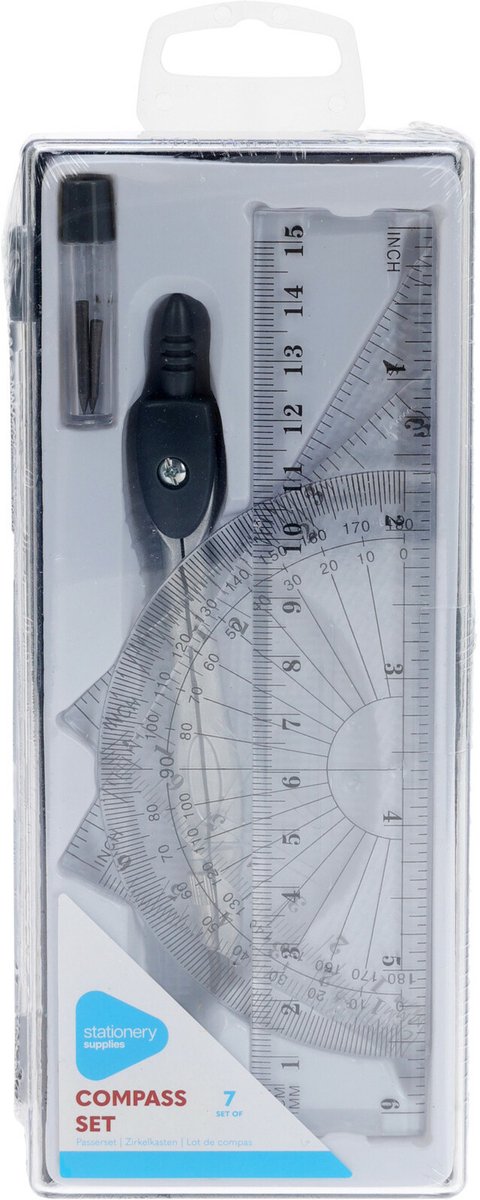 Passer set - 7-delig - 17 cm - met potloodvullingen, gum, linialen - Voor school
