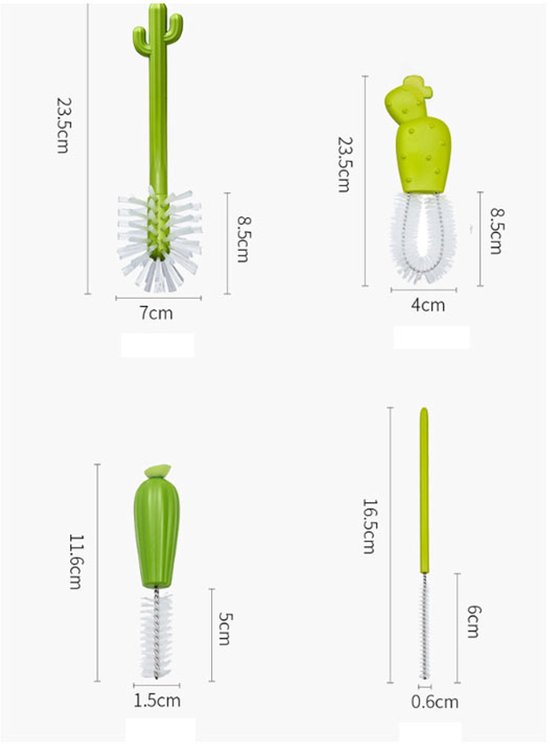 Set van 4 stuks - Cactus Flessenborstelset - Flessenborstel, tepelborstel, detailborstel en rietjesborstel - Baby Essentials - Inclusief afvoerorganizer - Cactus van Merkloos — afbeelding 3