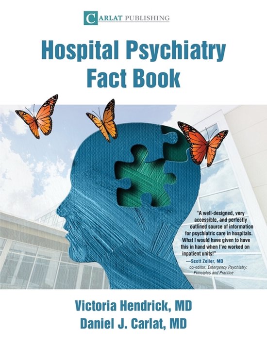 Boekcover van het Hospital Psychiatry Fact Book, met een blauw silhouet van een hoofd met een puzzel erin, en vlinders.