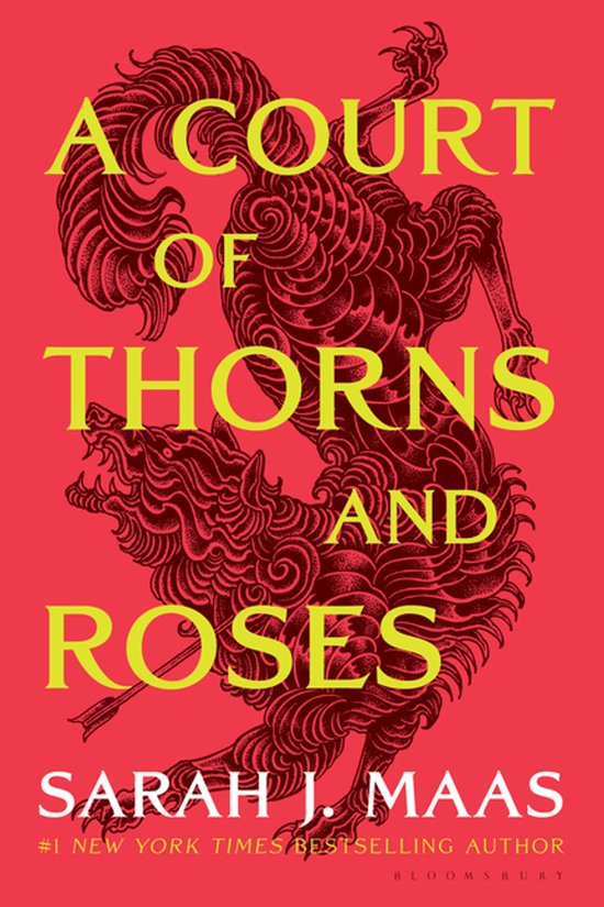 Boekomslag van "A Court of Thorns and Roses" met rode achtergrond, groene tekst en een rode, gedetailleerde illustratie van een wolfachtig wezen.