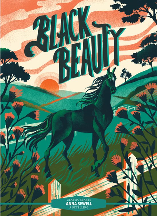 Een zwart paard in een zonsondergang, met de tekst 'BLACK BEAUTY'.
