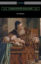 Boekomslag van 'Dr. Faustus' van Christopher Marlowe met een schilderij van een oude man met baard, een schedel en een zandloper.