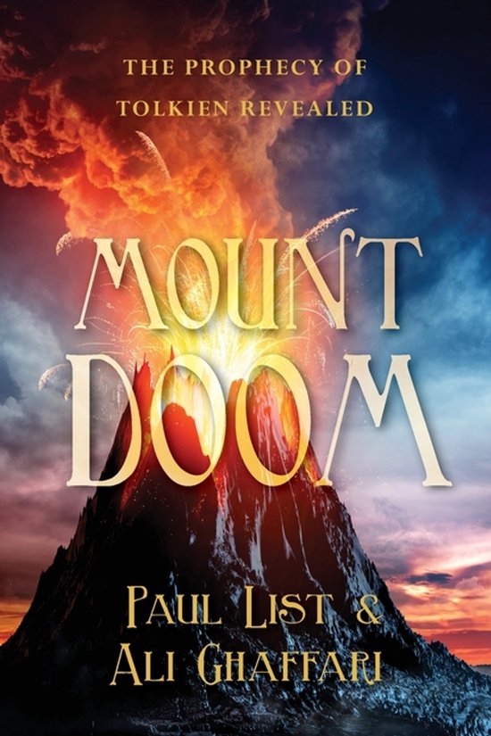 Boek 'Mount Doom' met een uitbarstende vulkaan en de tekst 'THE PROPHECY OF TOLKIEN REVEALED'.