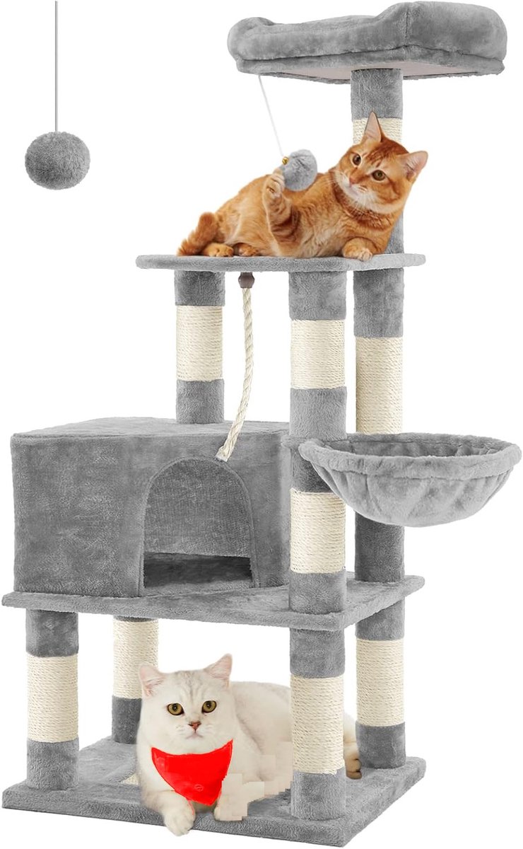 Bol.com Hoppa! - Kattenboom 4 Ligplaatsen - Lichtgrijs - Spaanplaat/Pluche/Sisal 56 x 41 x 139 cm (L x B x H) aanbieding