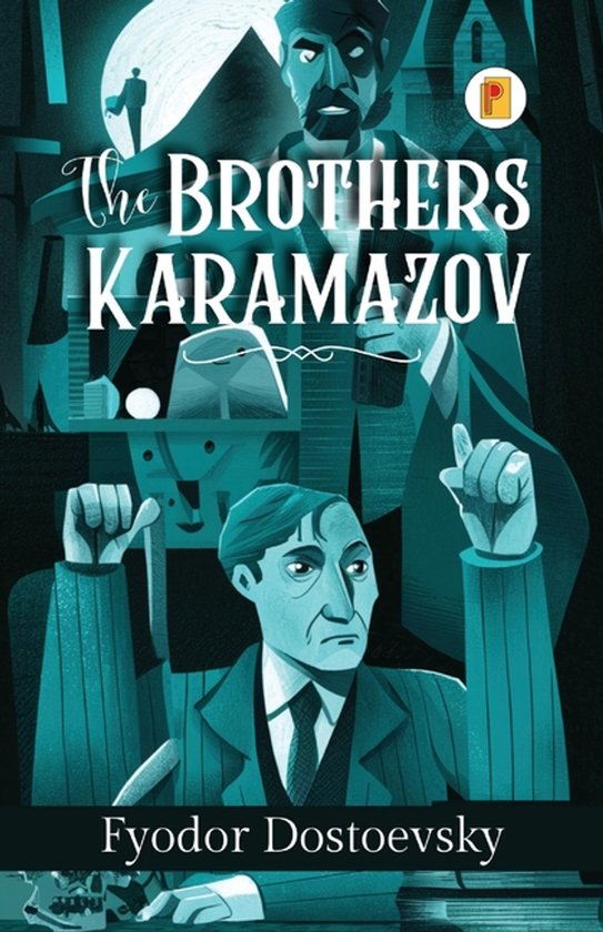 Boekomslag van 'The Brothers Karamazov' door Fyodor Dostoevsky, met een blauwgroene illustratie van mannen en gebouwen.