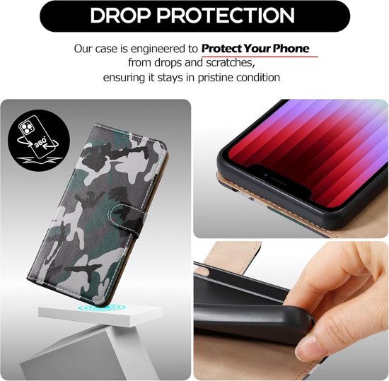 Zandarix Convient pour Apple iPhone 16e - Étui portefeuille - Rabat magnétique - Emplacements pour cartes - Béquille - Avec 2 protecteurs d'écran - Étui à rabat - Camouflage