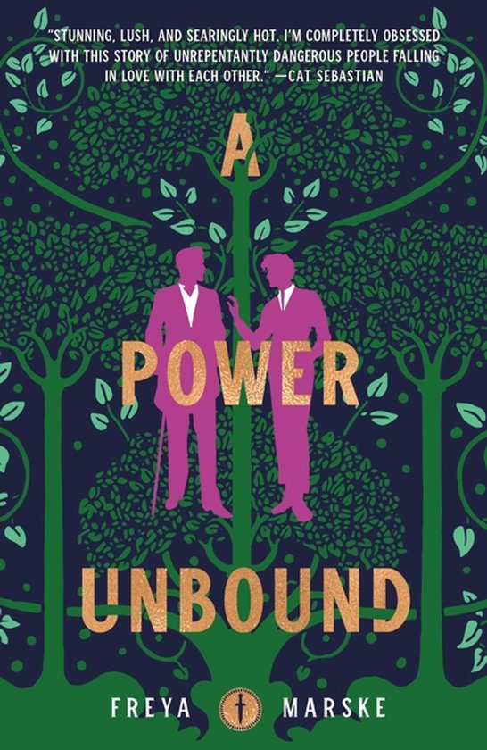 Boekcover met twee paarse silhouetten van mannen, een met een wandelstok, voor een boom met groene bladeren. Titel: A Power Unbound.