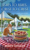Een oranje gestreepte kat zit naast twee pizza's op een rood-wit geblokt tafelkleed, met marktkraampjes en gebak op de achtergrond. De tekst luidt 'Ashes to Ashes, Crust to Crust'.