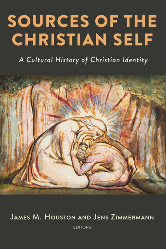 Boekhoes met de titel "SOURCES OF THE CHRISTIAN SELF", met een schilderij van twee omhelzende figuren onder een lichtstraal.