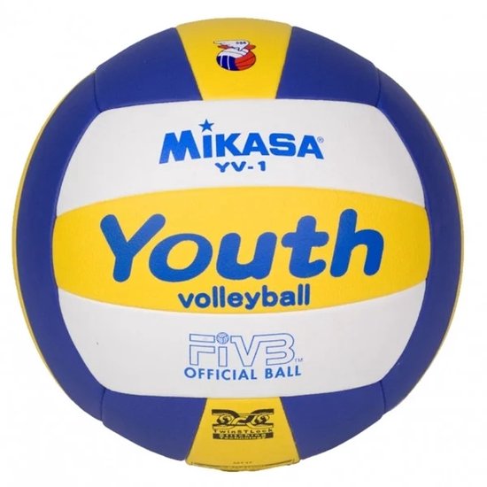 Mikasa YV-1 Youth volleybal in blauw, wit en geel met de tekst 'Youth volleyball' en 'FIVB OFFICIAL BALL'.