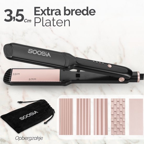 Zwarte stijltang met 3,5 cm brede rosegouden platen, inclusief opbergzakje en verwisselbare platen.