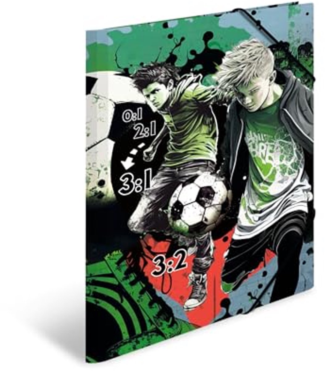 HERMA mappen A3 voetbalset, 3-delig, kinderhoekmappen van karton met sportmotief, elastische band, binnenkleppen en binnenprint voor jongens en meisjes