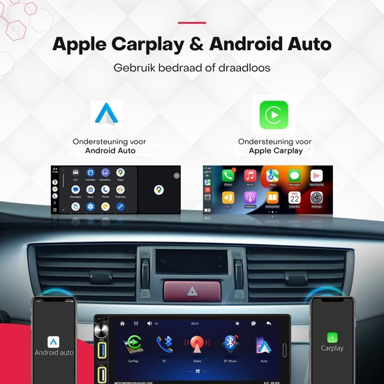 Demonstratie van Apple Carplay en Android Auto op een 6,9 inch autoradio, bedraad of draadloos.
