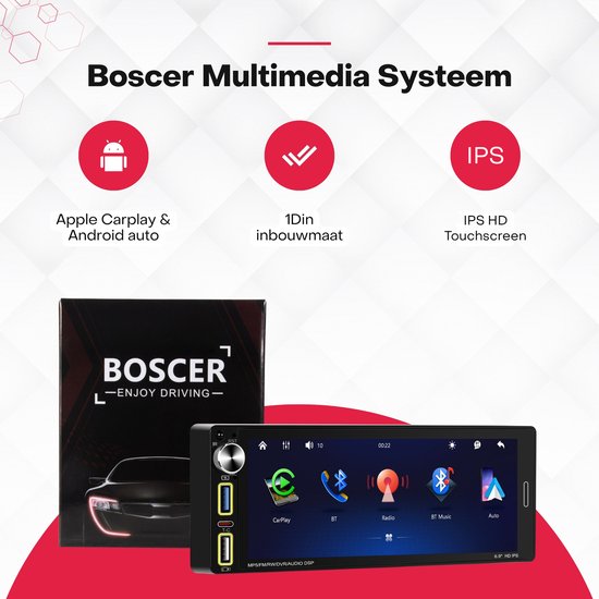 Boscer multimedia systeem met 6,9 inch HD IPS touchscreen, compatibel met Apple Carplay en Android Auto.