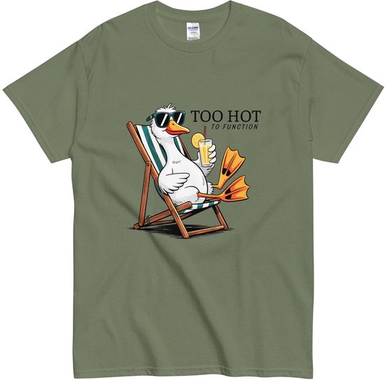 T-shirt vert kaki avec un canard en dessin animé sur une chaise longue, "Too Hot To Function".