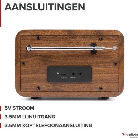 Achterkant van de radio met houten afwerking, inklapbare antenne, en aansluitingen voor 5V stroom, line-out en koptelefoon.
