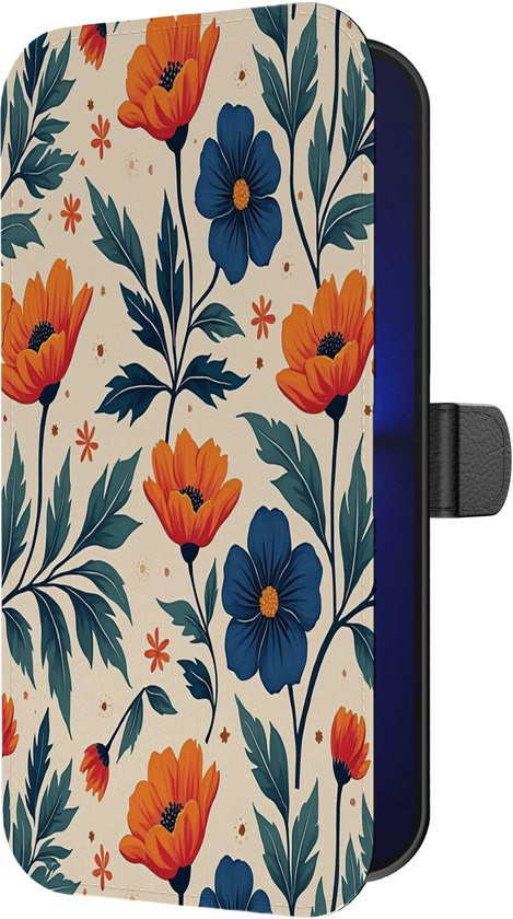 Telefoonhoesje met beige achtergrond en opdruk van rode en blauwe bloemen met groene bladeren.