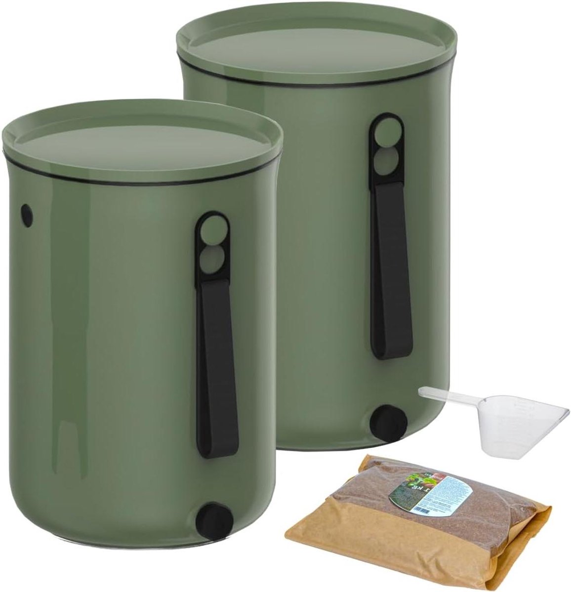 2 stuks Bokashi Organko 2 (96 l) | Bekroonde Keukencompostbak | Starterset voor Keukenafval en Compost | Met Gistingsactivator 1 kg (Olijf)