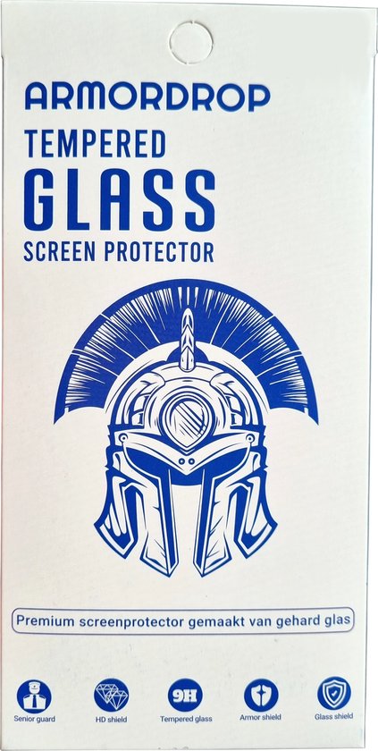 Verpakking van ArmorDrop Tempered Glass Screen Protector. Met een afbeelding van een Romeinse helm en tekst.