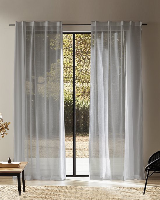 HOOMstyle kant en klaar gordijn met haakjes - Vitrage - Voile - Met plooiband - 140x270cm - Grijs