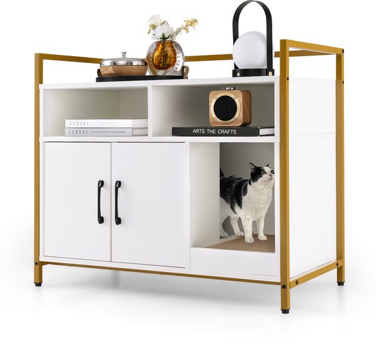 COSTWAY Kattenkast, kattenbak met dubbele deuren en krab-onderlegger, kattenhuis met open plank en 2 vakken, kattenmand, kattenbak, kast, voor katten, honden, huisdieren (wit)