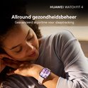 Vrouw met smartwatch om de pols, met Huawei Watch Fit 4-logo en tekst 'Allround gezondheidsbeheer'.