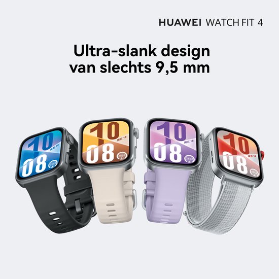 Vier smartwatches met verschillende bandkleuren: zwart, crème, lavendel en grijs.