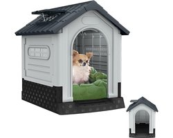 Aufun Kunststof Kennel Voor Buiten,Waterafstotend Geïsoleerd Hondenhok,Robuuste Hondenkennel Met Ventilatierooster En Verhoogde Vloer,Dakraam,Voor Buiten En Binnen,65x56.5x67cm,Grijs