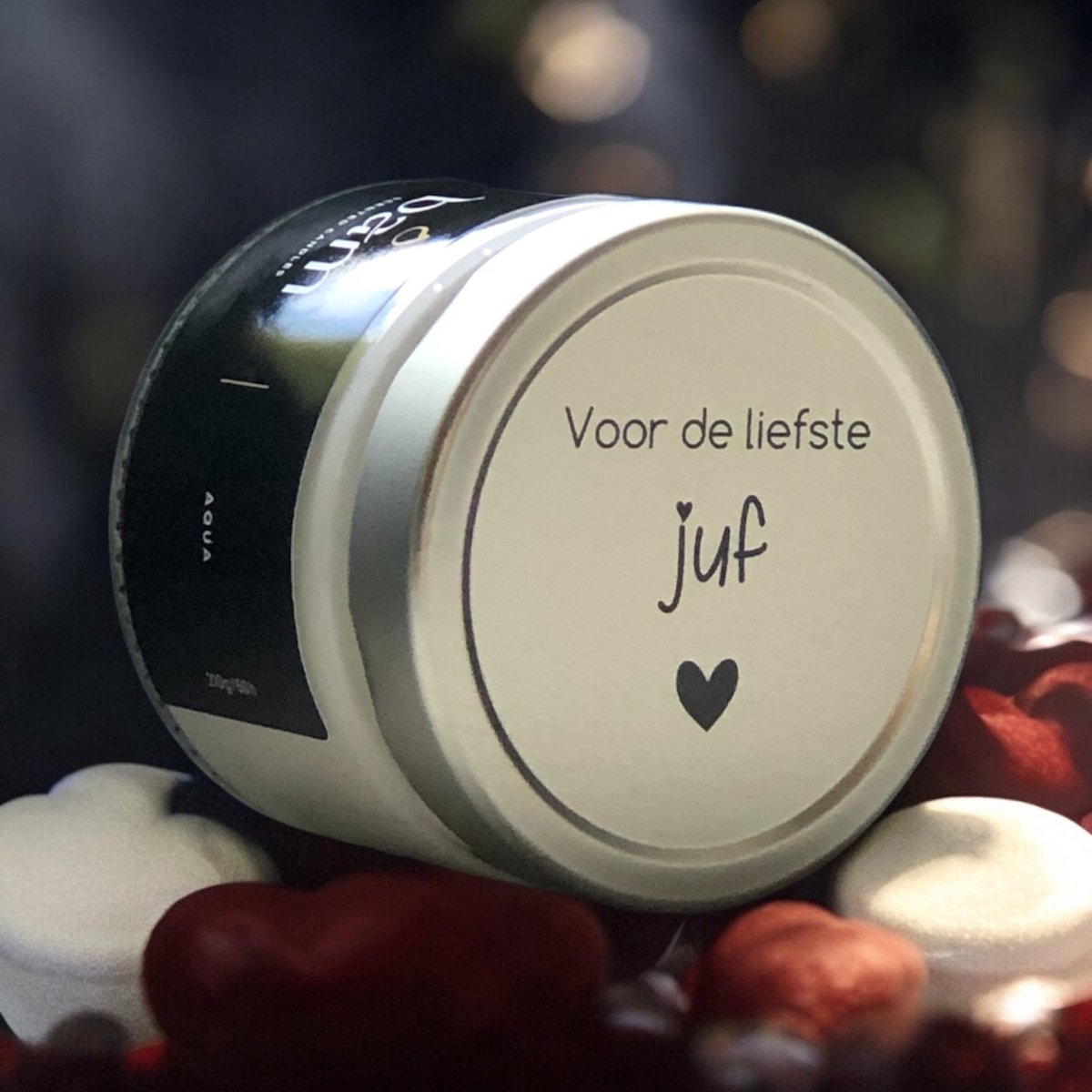 BAM VANILLE geurkaars met opschrift "liefste juf" - met 2 wieken in een basic potje - 60 b