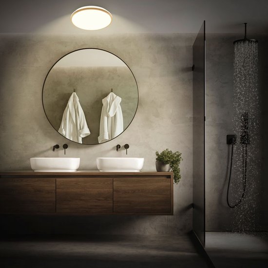 Stijlvolle badkamer met rond plafondlicht met houten rand, dubbele wastafels en inloopdouche.