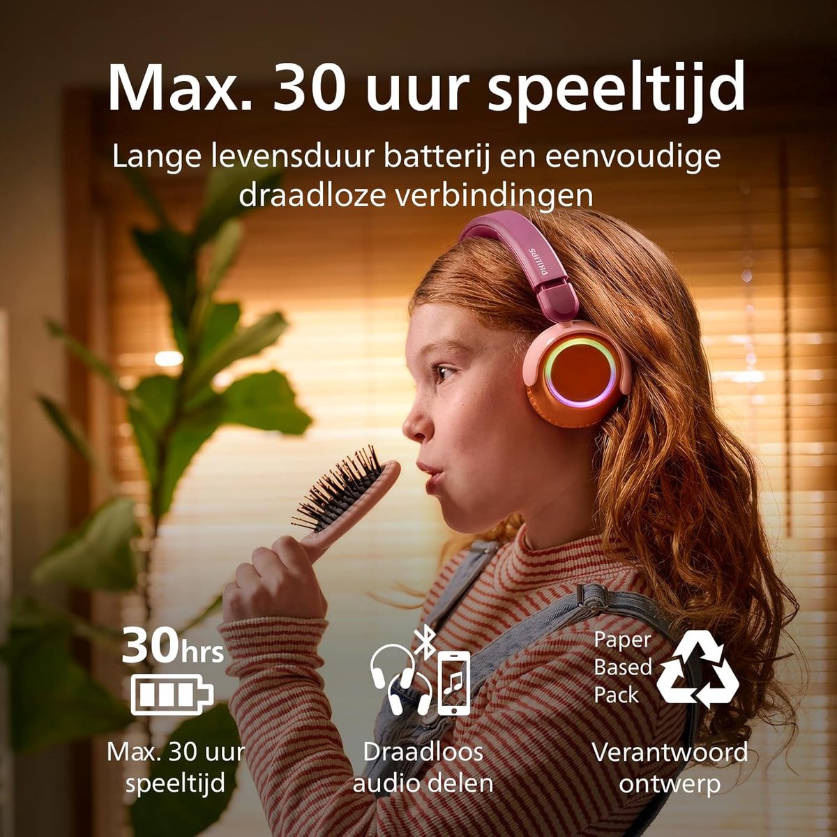 Afbeelding 3 van PHILIPS TAK4200MP 4200-serie On Ear draadloze opvouwbare hoofdtelefoon voor kinderen - 45 uur afspeeltijd, beperkt volume, Audio delen, laadkabel meegeleverd - Ambiant verlichting - Magenta Paars