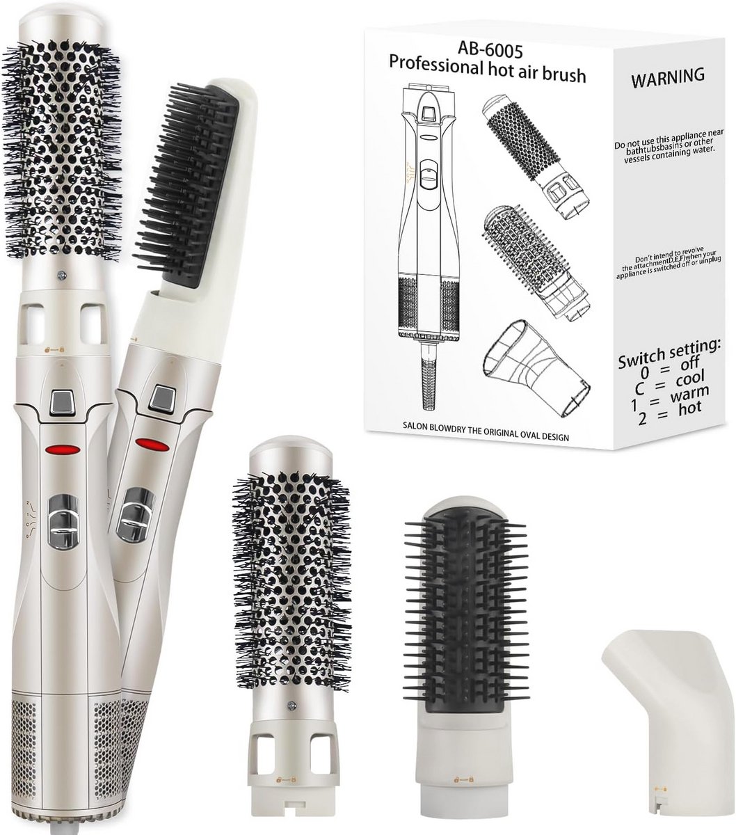 Warmeluchtborstel met 3 styling-opzetstukken en ionentechnologie - Ronde föhnborstel voor krullen en volume