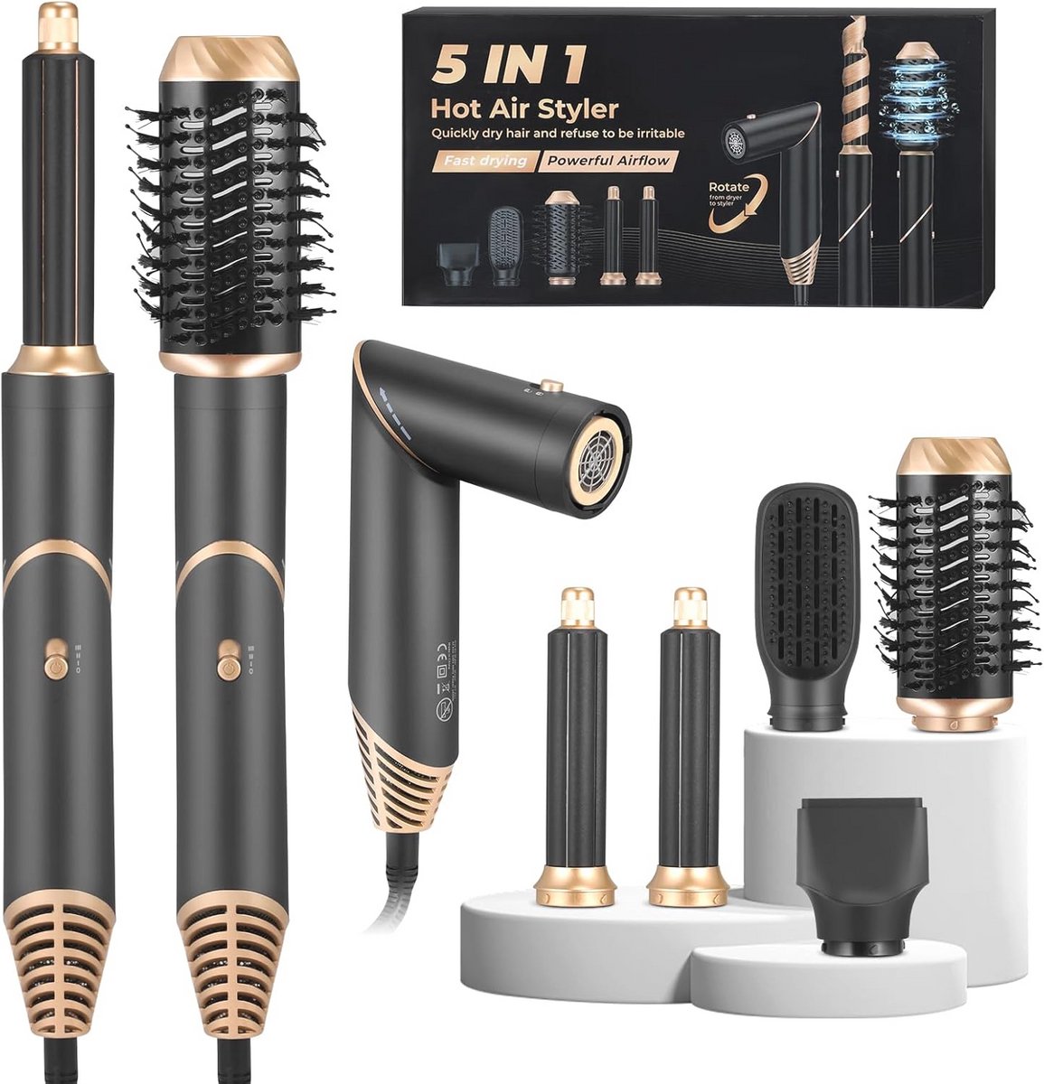 6-in-1 Haardroger en Styling Borstel voor Haar - Roterende Luchtborstel met 6 Accessoires en Ionentechnologie