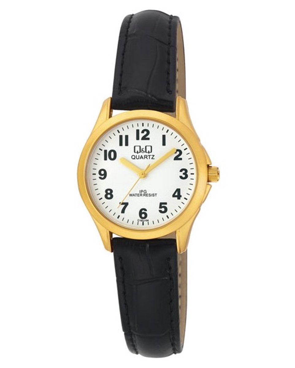 QQ C193J104Y - Horloge - Analoog - Vrouwen - Dames - Leren band - Rond - Metaal - Cijfers - Zwart - Goudkleurig - Wit