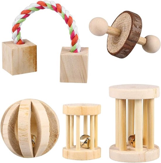 AnimalPalace® Knaagdieren Speelgoed - Set 5 Delen - Konijnen Speelgoed - Speelgoed Voor Cavia - Hamster Speeltjes - Konijnen Speeltjes - Speelgoed Voor Knaagdier - Speelgoed Voor - Rat - Ratten - Chinchilla - Fret - Fretten - Gerbils - Degoes