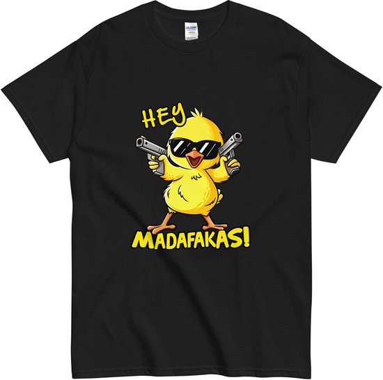 T Shirt Dames en Heren - Grappig Kuiken Illustratie - Tekst: Hey Madafakas - Zwart - 3XL