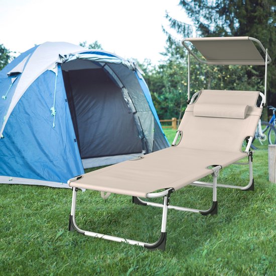 Zonneligstoel met dak, tuinstoel, outdoor ligstoel met hoofdkussen, strandstoel, inklapbaar, verstelbare rugleuning, zonwering tot 100 kg, voor strand, camping, balkon, terras, kaki — afbeelding 4