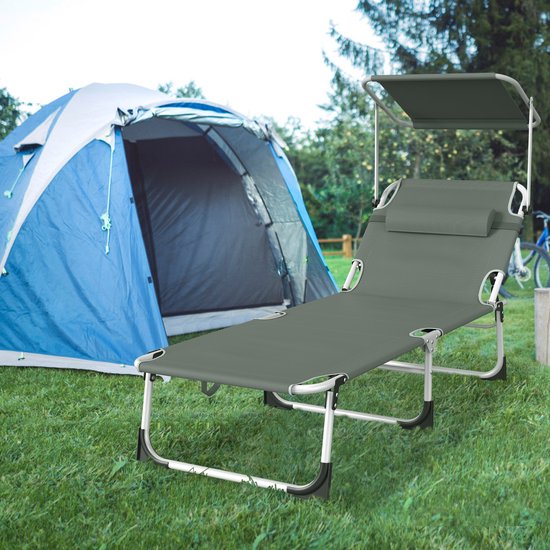 Zonneligstoel met dak, tuinstoel, outdoor ligstoel met hoofdkussen, strandstoel, inklapbaar, verstelbare rugleuning, zonwering tot 100 kg, voor strand, camping, balkon, terras, antraciet — afbeelding 2