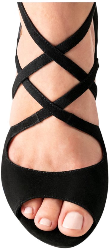 Chaussures de danse Nueva Epoca Riana pour femmes - Daim Zwart avec talon argenté - Bout ouvert - Chaussures de Tango argentin, Latin et salsa - Brides croisées - Semelle en daim - Nueva Epoca - Zwart - 33,5
