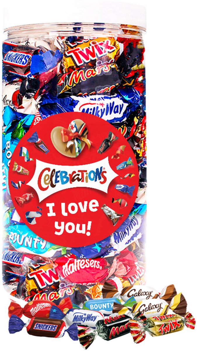 Mars Celebrations mega chocolademix met opschrift "I Love You!" - chocolade van Twix, Snickers, Mars, Bounty, Maltesers, MilkyWay & Galaxy - 580g