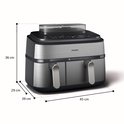 Zilverkleurige en zwarte Philips dubbele airfryer met afmetingen: 36 cm hoog, 29 cm diep, 39 cm breed en 45 cm lang.