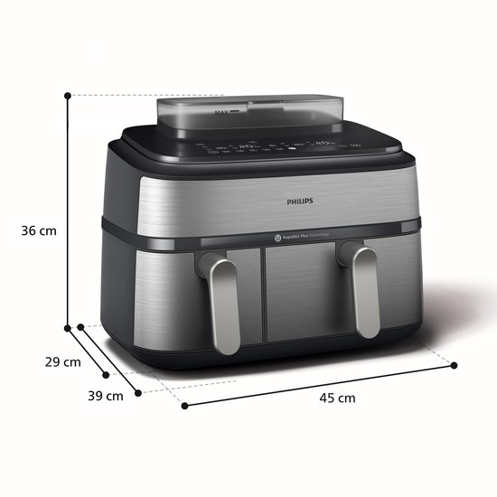 Zilverkleurige en zwarte Philips dubbele airfryer met afmetingen: 36 cm hoog, 29 cm diep, 39 cm breed en 45 cm lang.
