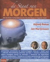 Boek "De Staat van Morgen". Cover met de titel, portret van Adjiedj Bakas en Jan Marijnissen. Illustratie van een hoofd met gloeiende hersenen.