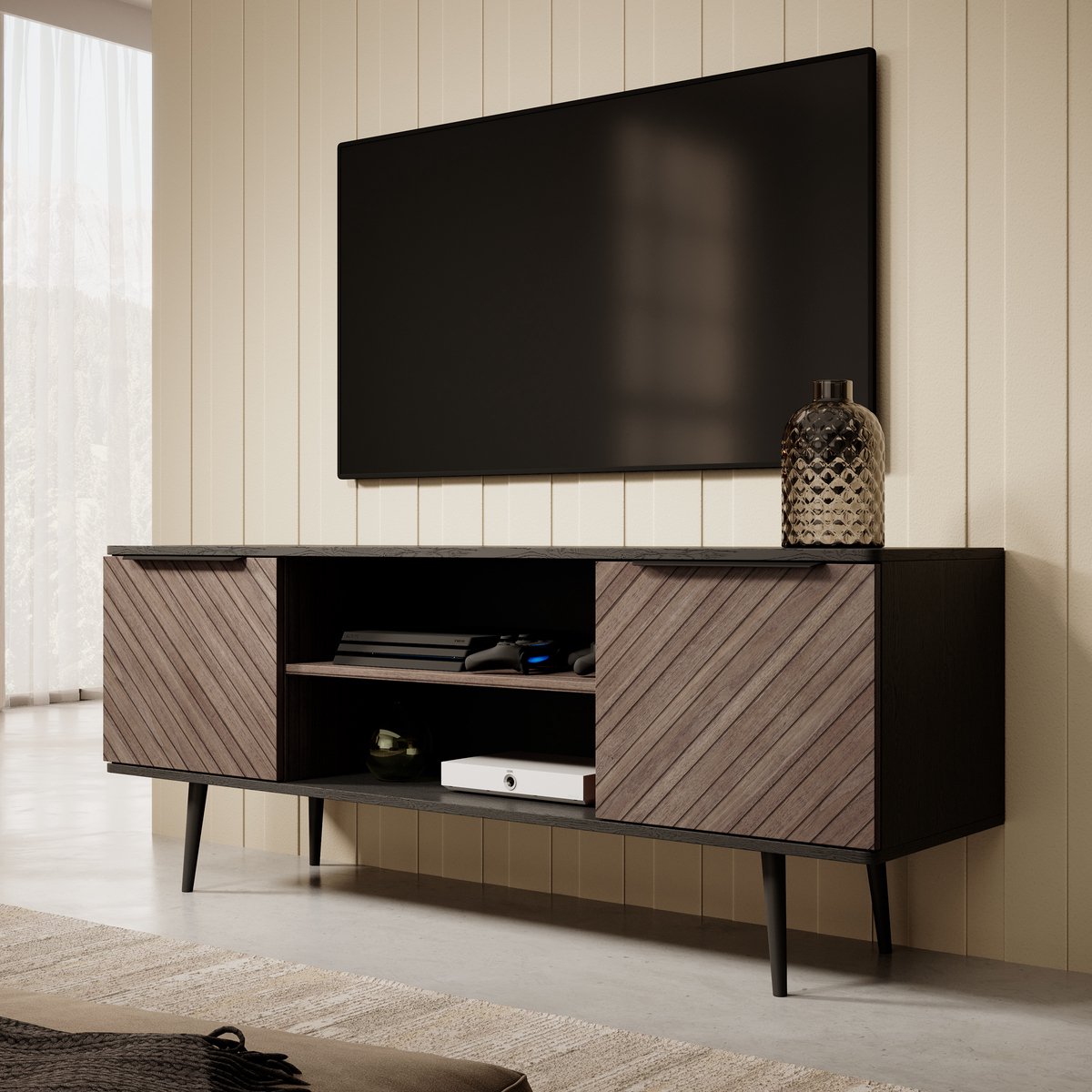 MEUBELLA TV-Meubel Pedro - Donker eiken - Zwart eiken - 150 cm Bruin|Zwart