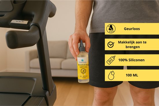 Fles TibaGoods loopband smeermiddel 100ml met 100% silicone in handen van een man, met tekst over geurloos en makkelijk aan te brengen.