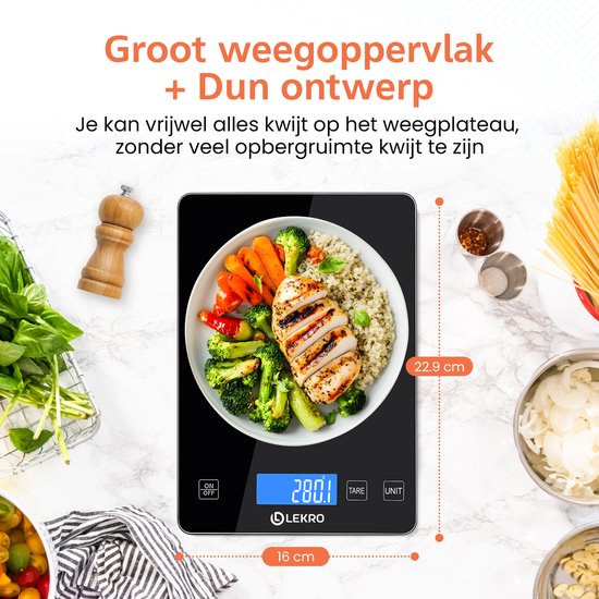 Lekro Digitale Precisie Keukenweegschaal – Weegschaal Keuken - 1gr-15kg – Tarra Functie - Zwart