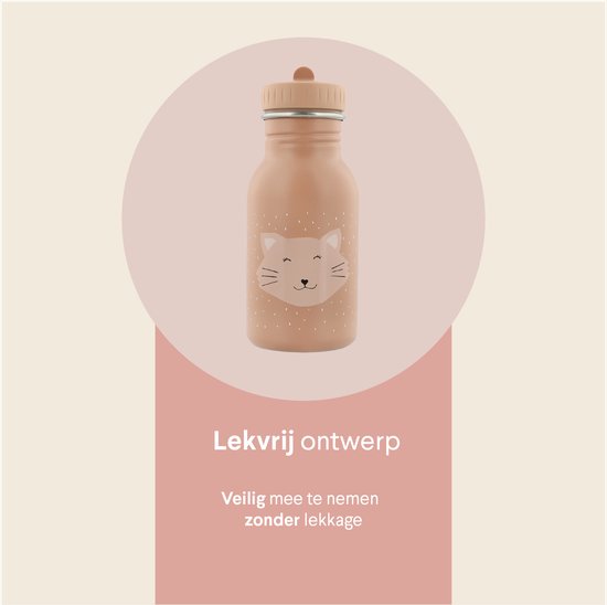Roze RVS waterfles met kattenopdruk, met tekst 'Lekvrij ontwerp'.