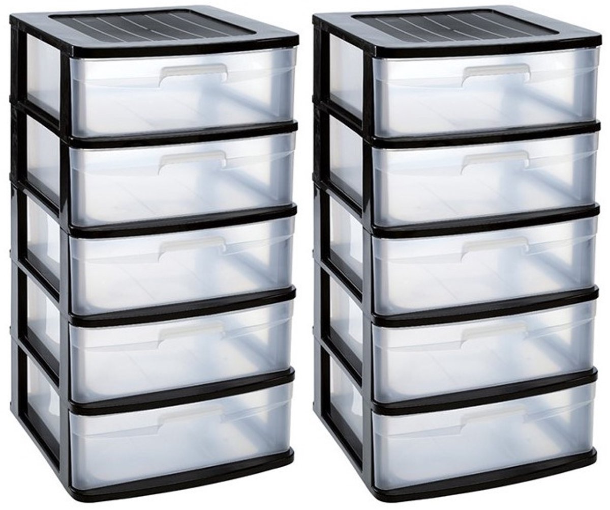 PlasticForte Ladeblok - 2x stuks - bureau organizer - 5 lades - zwart - L40 x B39 x H81 cm