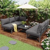 Tuinmeubelset, loungeset voor 5-6 personen, 2 3-zitsbanken, 1 tafel, inclusief 7 grijze kussens, donkergrijs gegalvaniseerd ijzeren frame met beschermvoeten